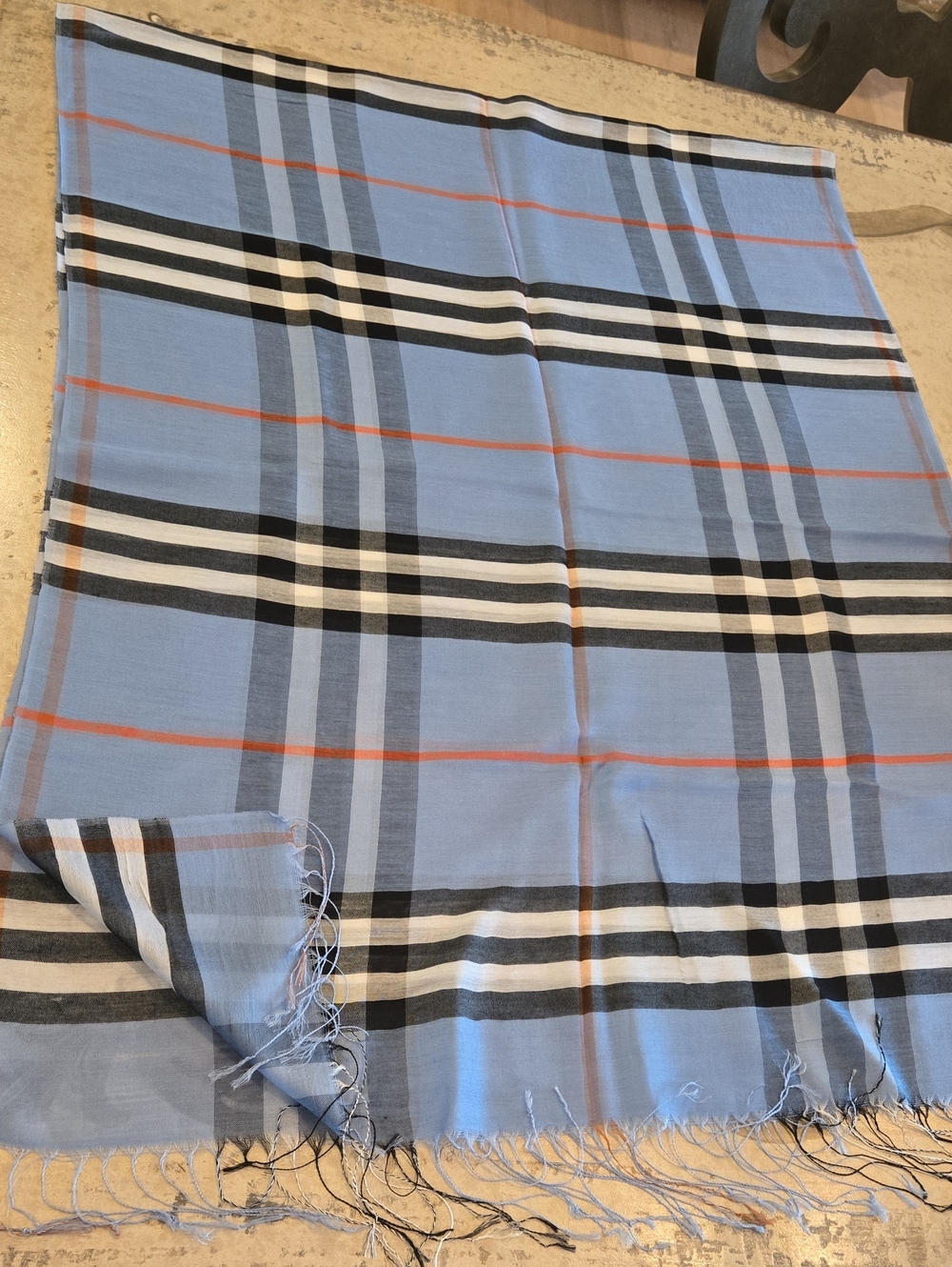 Light Blue Plaid Fringe Scarf, NWOT, 27"x 70" Plus 3" Fringe